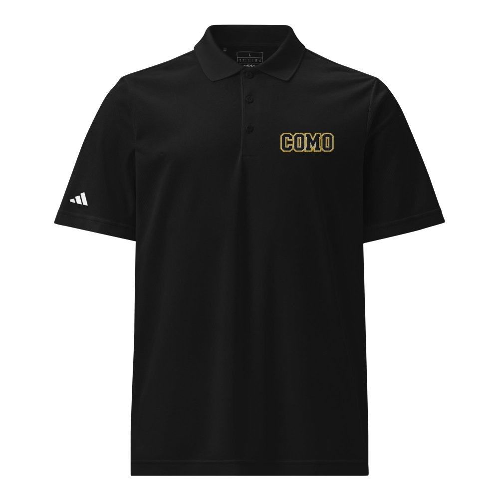 Front view of black HAGS COMO Adidas polo, showing small COMO chest embroidery and Adidas sleeve logo.