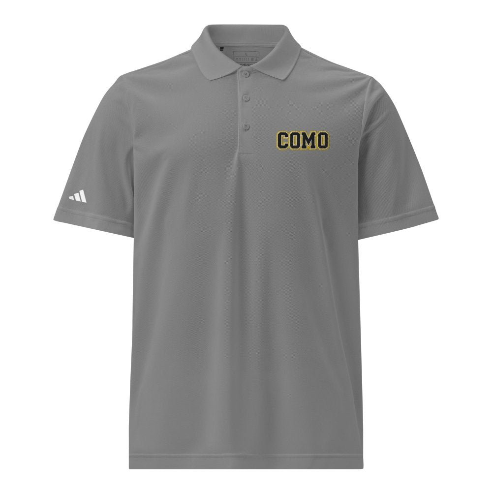 Front view of gray HAGS COMO Adidas polo, showing small COMO chest embroidery and Adidas sleeve logo.