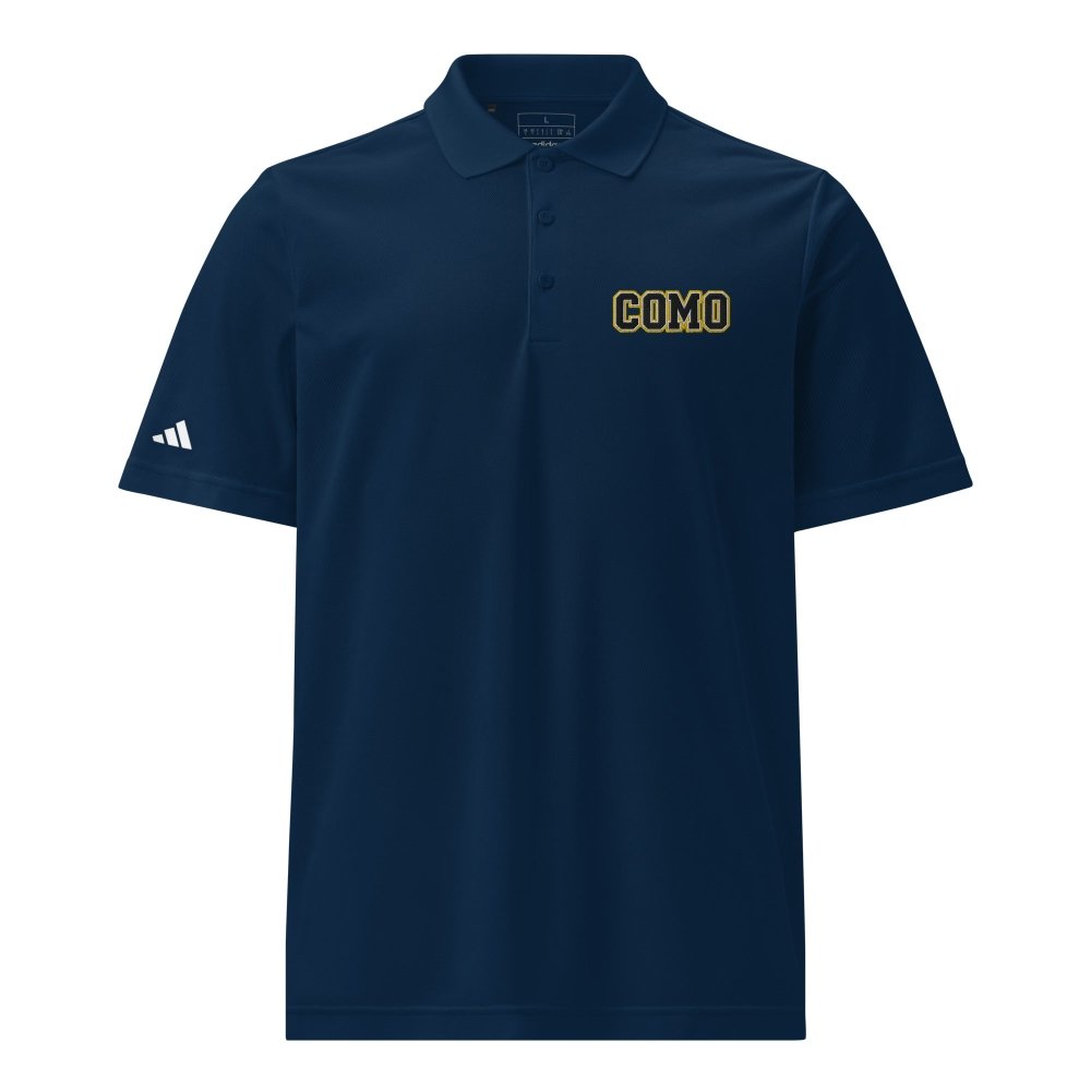 Front view of navy HAGS COMO Adidas polo, showing small COMO chest embroidery and Adidas sleeve logo.