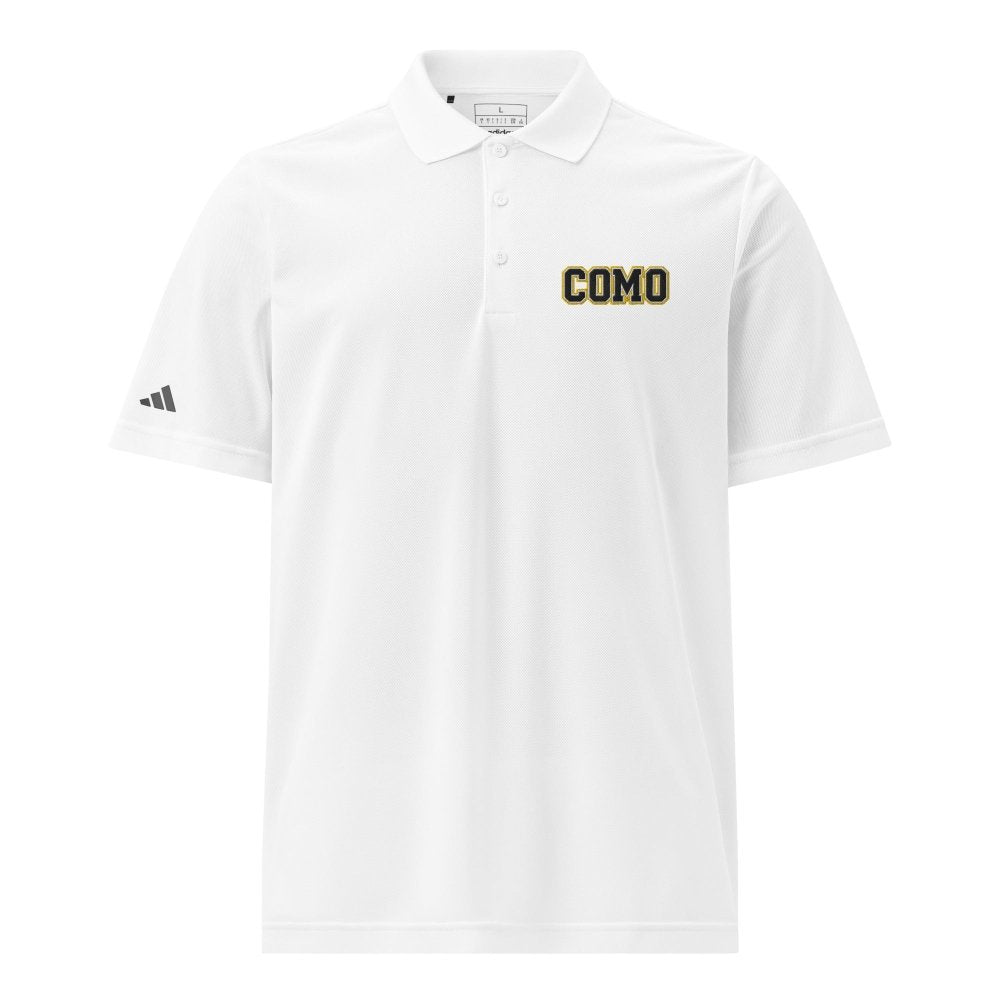 Front view of white HAGS COMO Adidas polo, showing small COMO chest embroidery and Adidas sleeve logo.