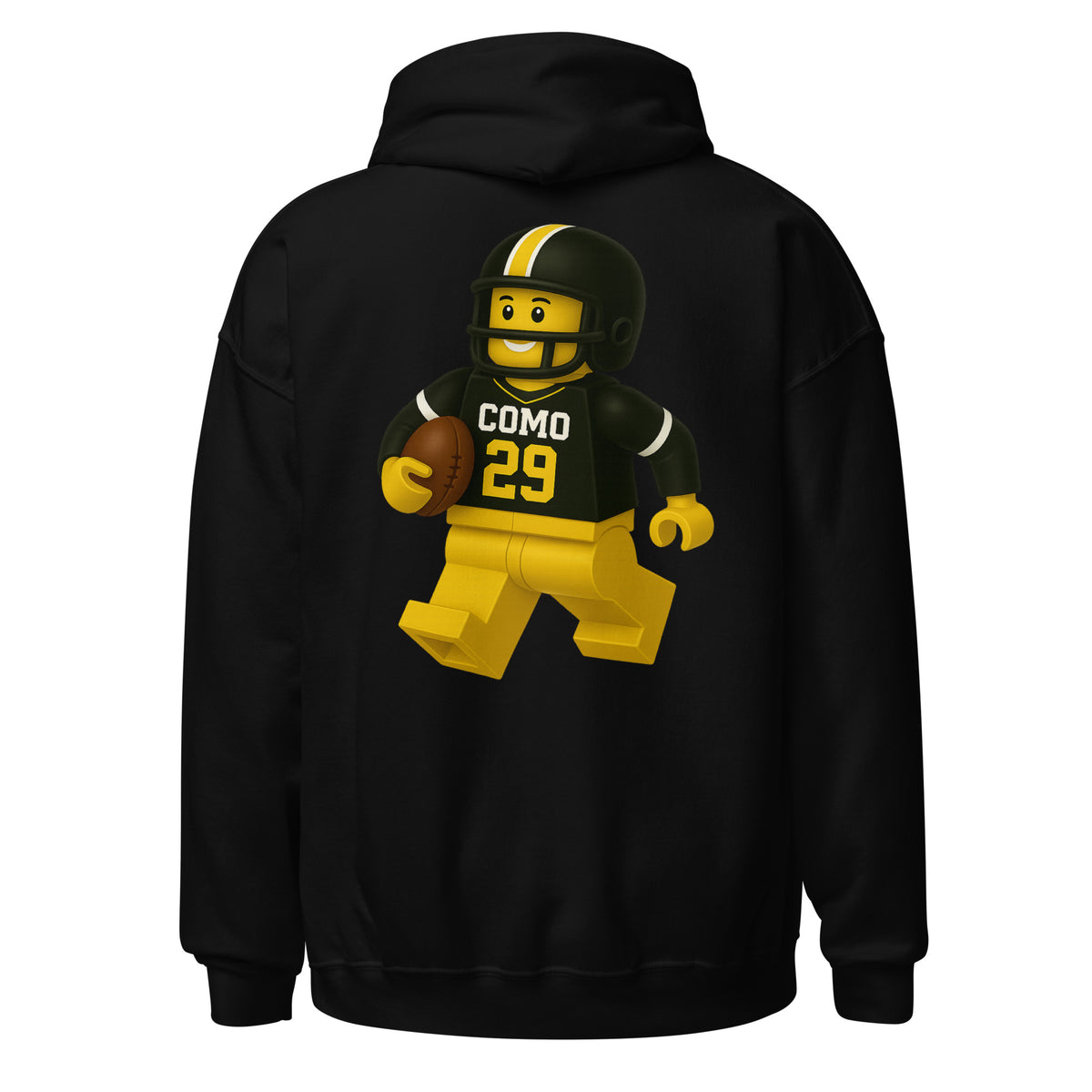 Back view of black HAGS COMO block football figure hoodie, showing black and gold block-style football figure.
