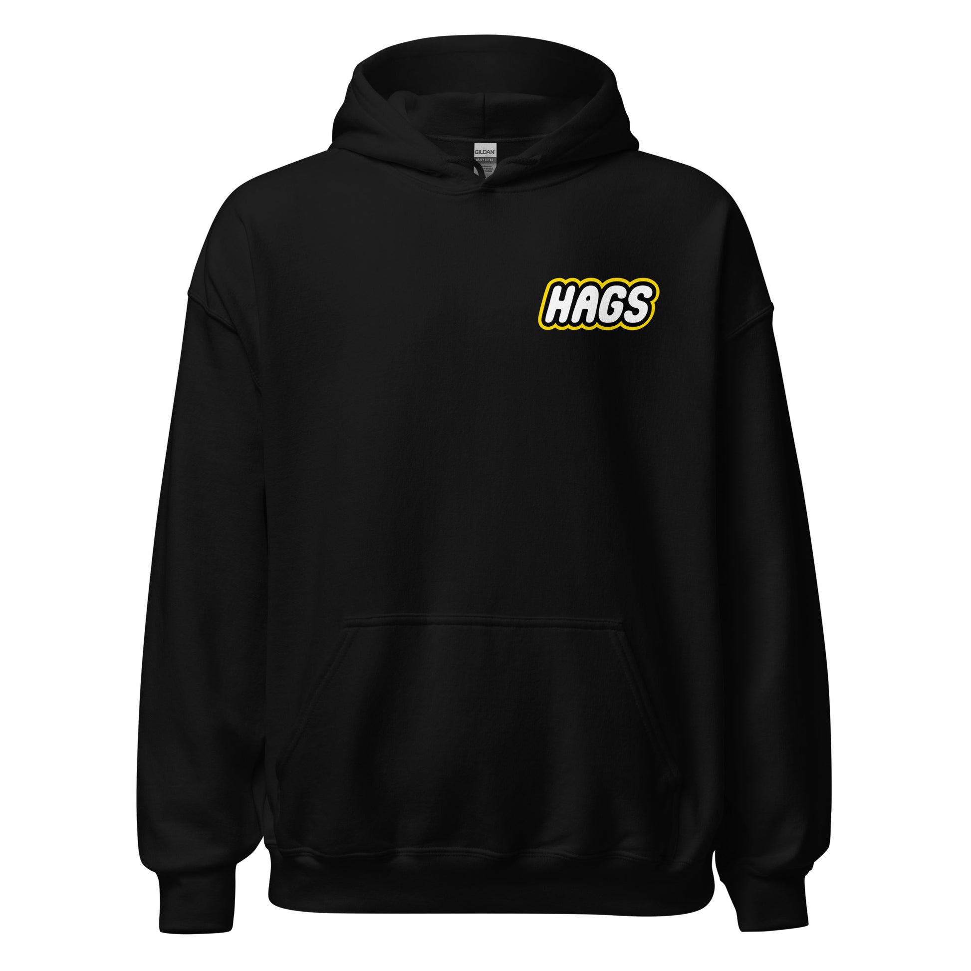 Front view of black HAGS COMO block football figure hoodie, showing small HAGS chest logo.