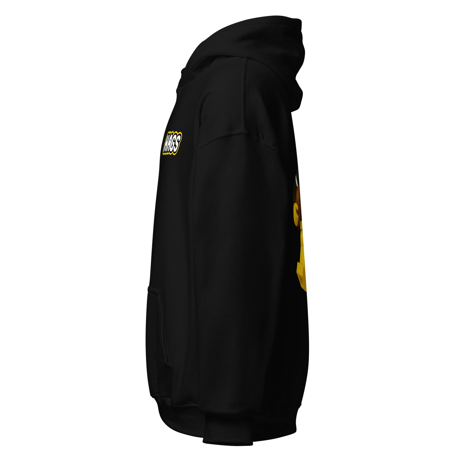 Left-side view of black HAGS COMO block football figure hoodie.