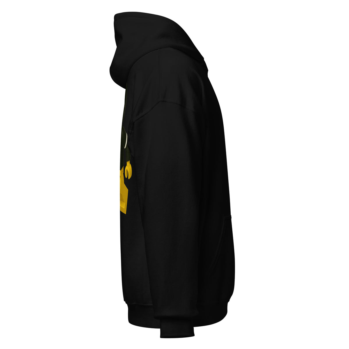 Right-side view of black HAGS COMO block football figure hoodie.