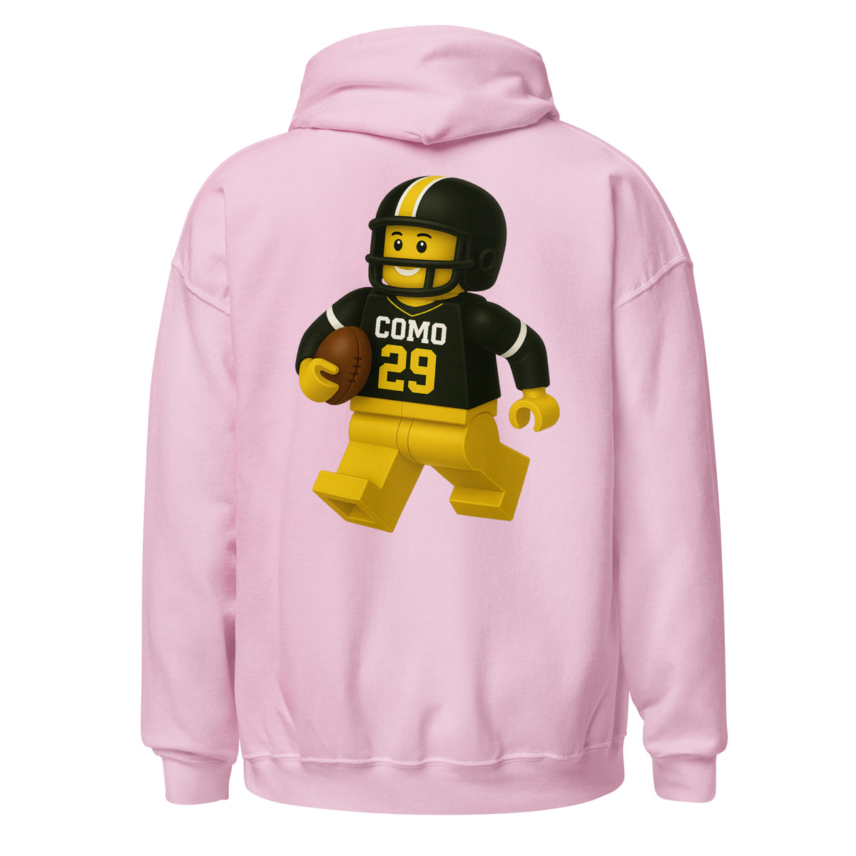 Back view of light pink HAGS COMO block football figure hoodie, showing black and gold block-style football figure.