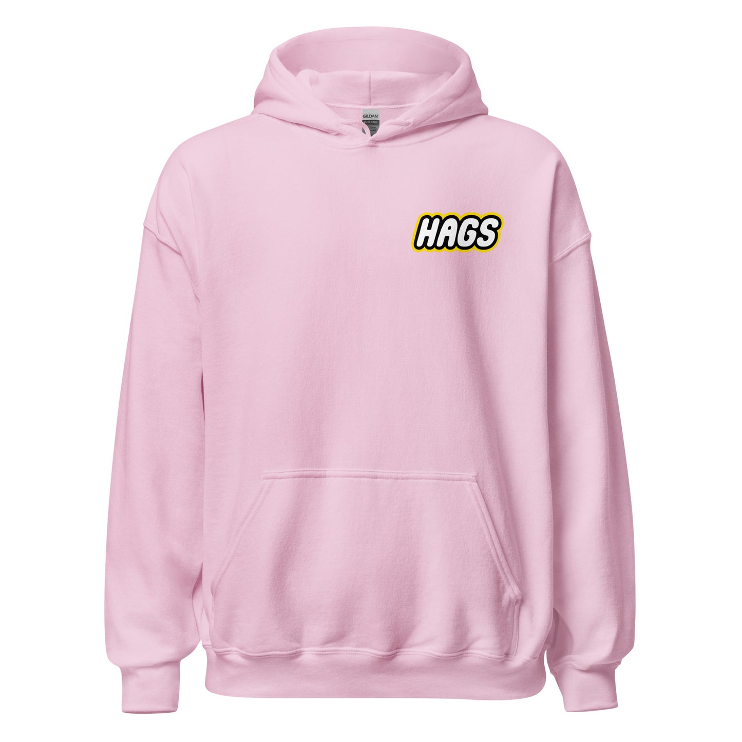 Front view of light pink HAGS COMO block football figure hoodie, showing small HAGS chest logo.