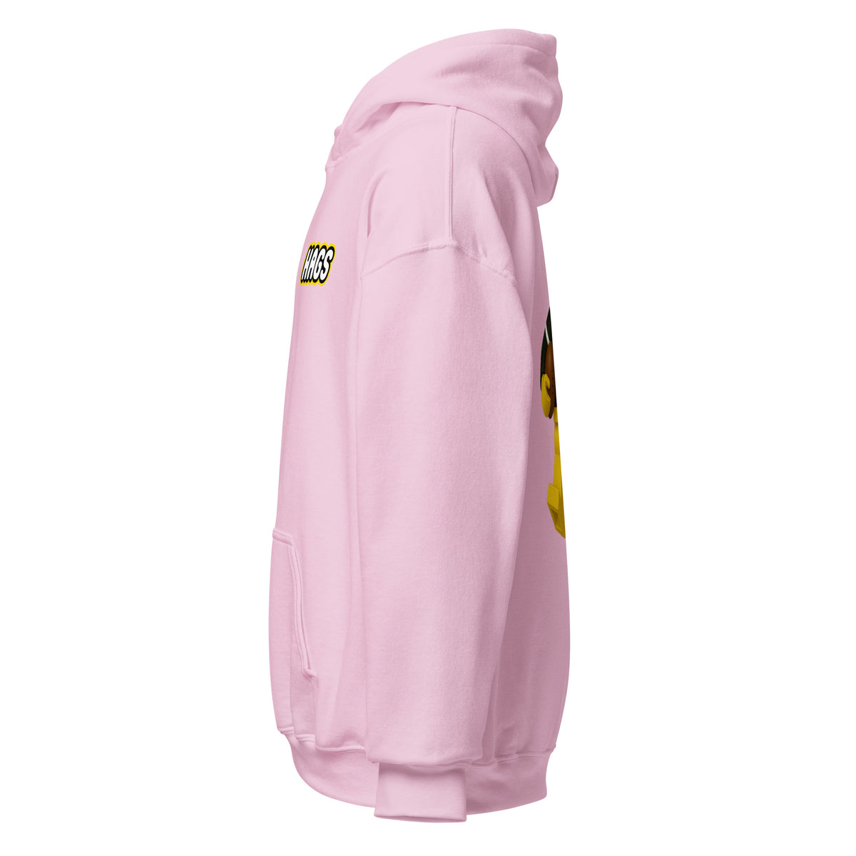 Left-side view of light pink HAGS COMO block football figure hoodie.