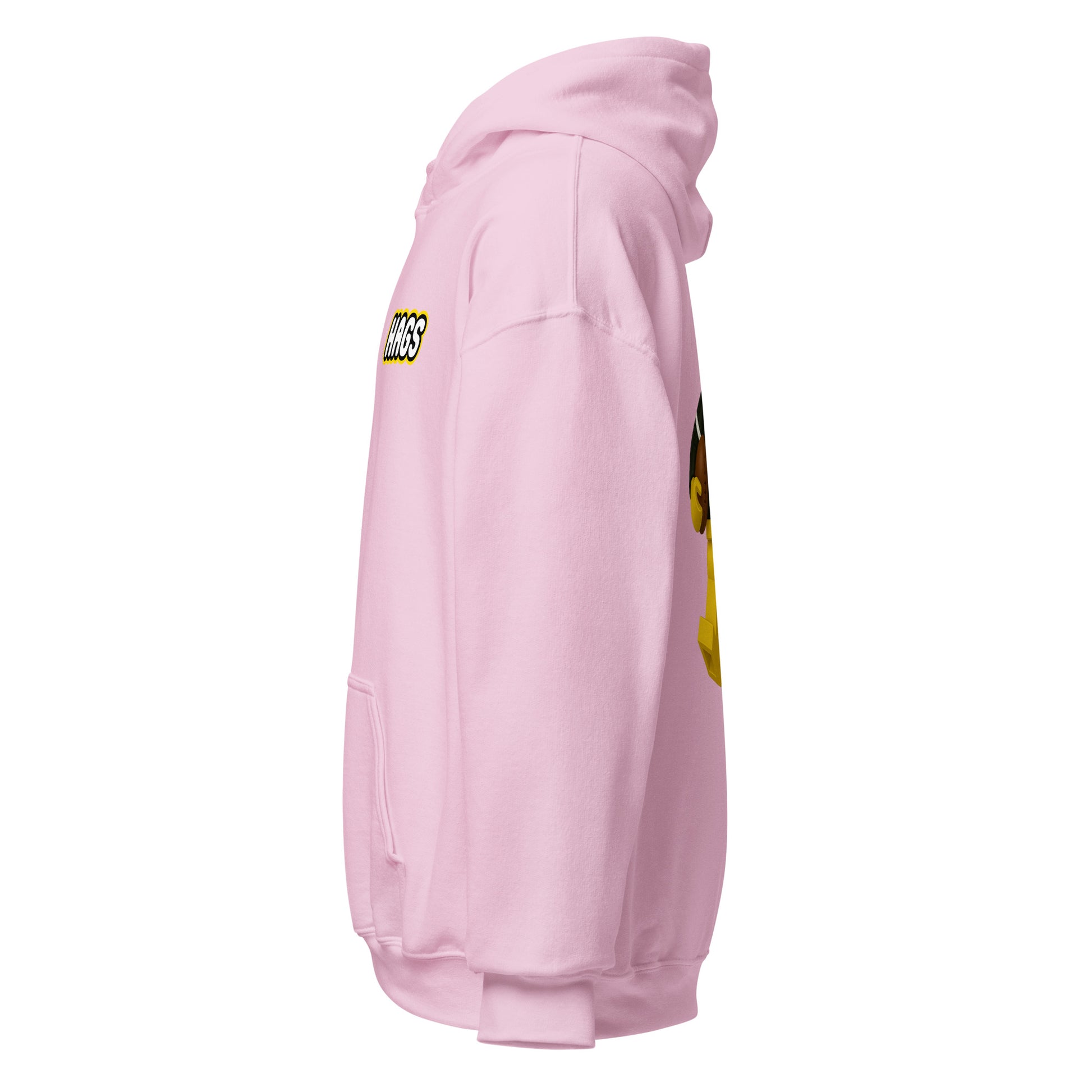 Left-side view of light pink HAGS COMO block football figure hoodie.