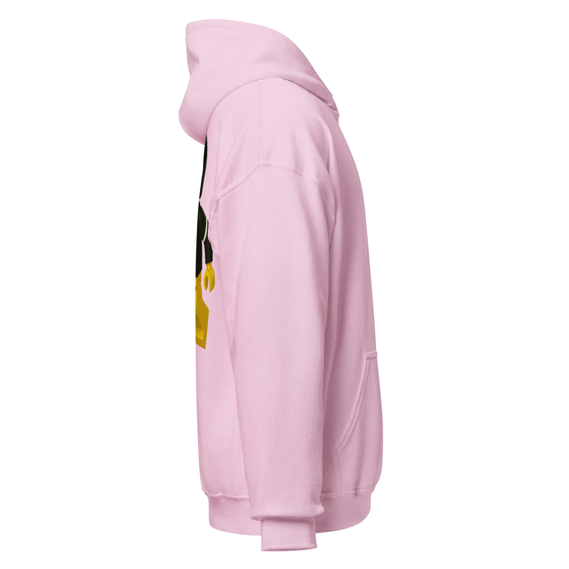 Right-side view of light pink HAGS COMO block football figure hoodie.