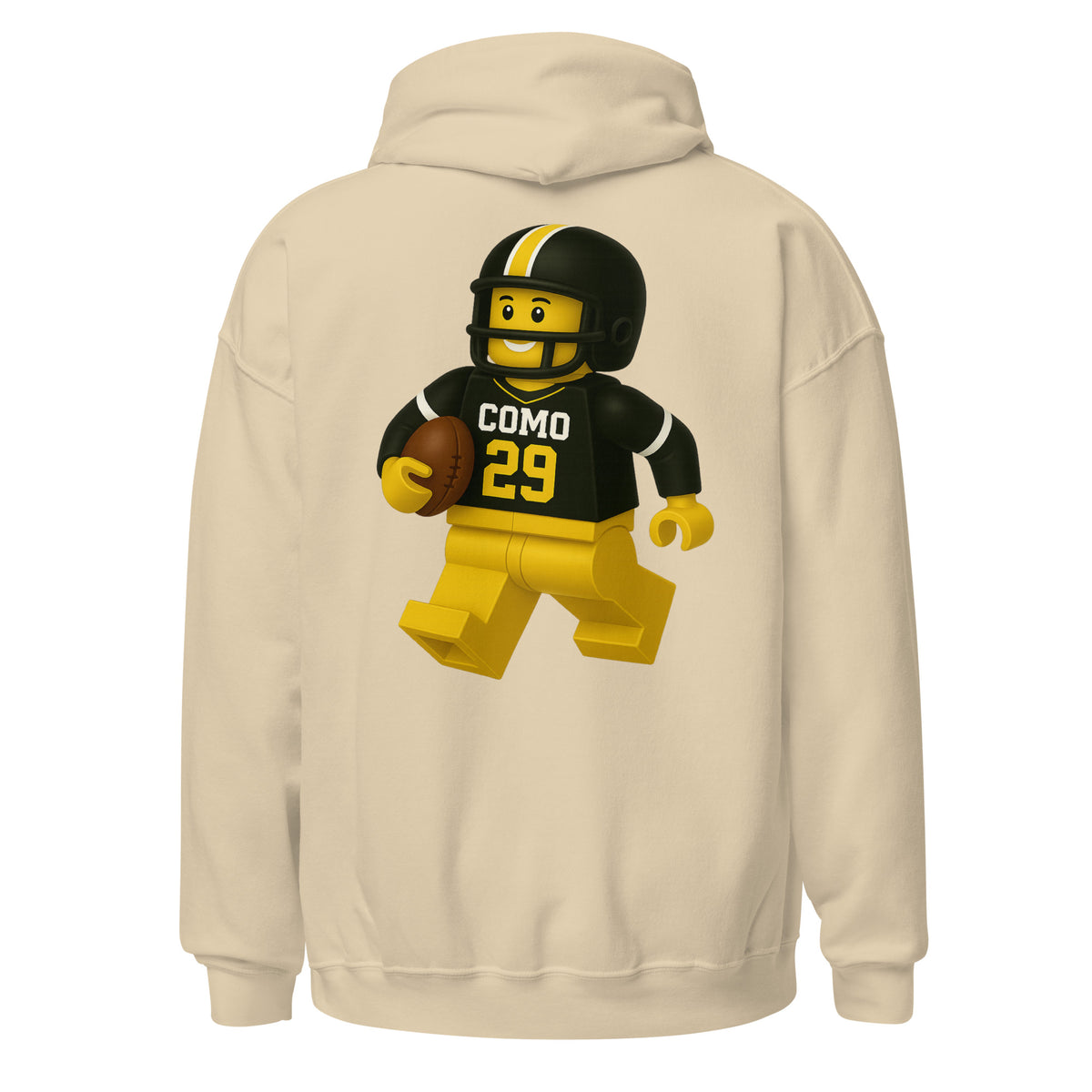 Back view of sand HAGS COMO block football figure hoodie, showing black and gold block-style football figure.