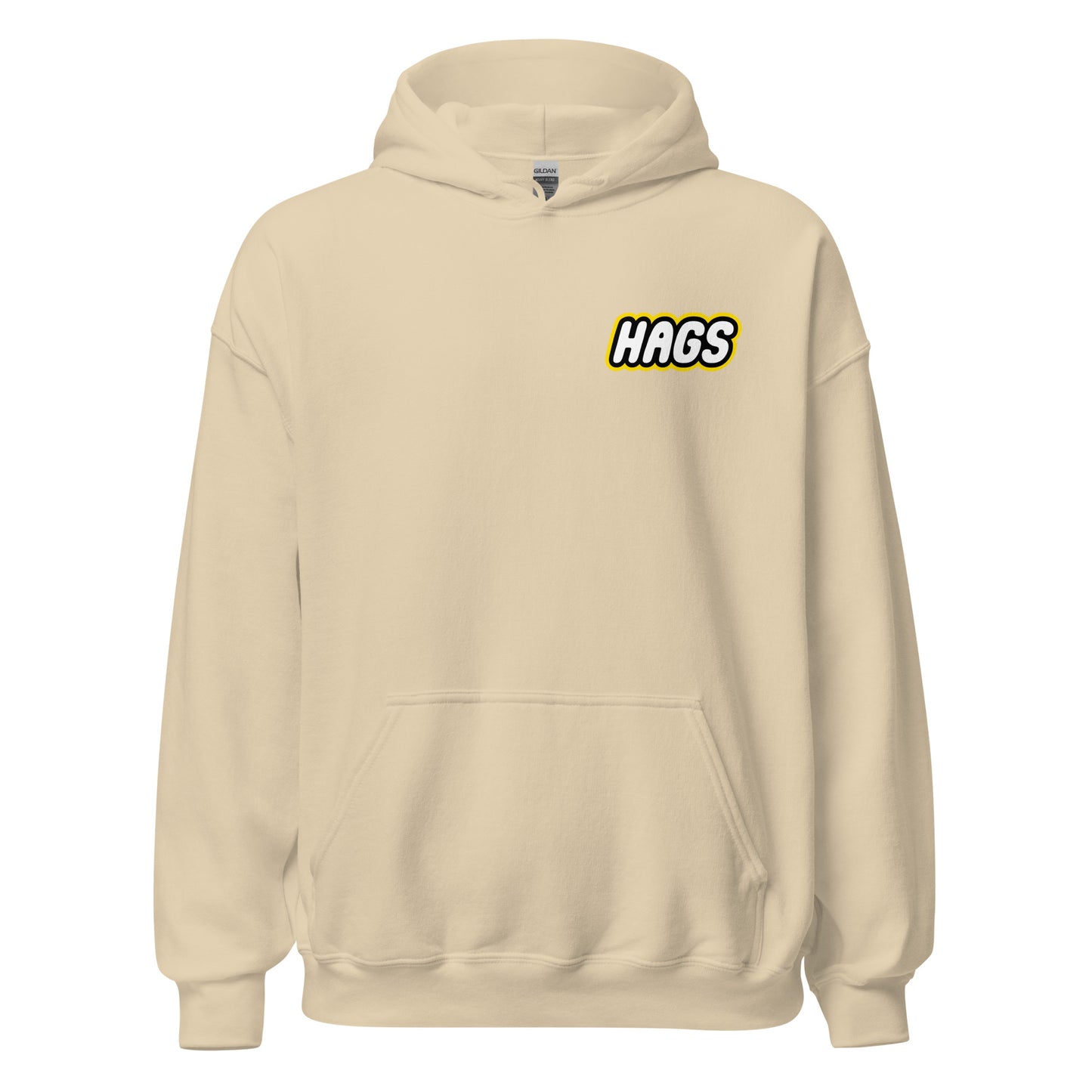Front view of sand HAGS COMO block football figure hoodie, showing small HAGS chest logo.
