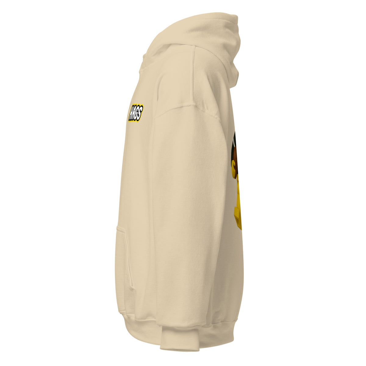 Left-side view of sand HAGS COMO block football figure hoodie.