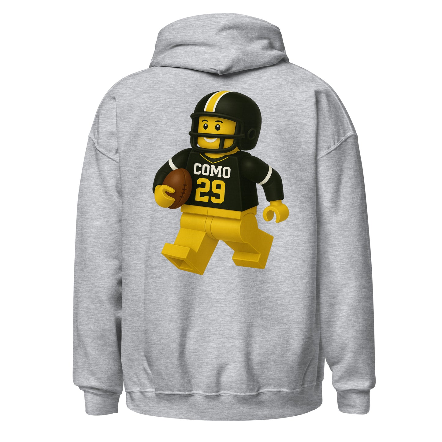 Back view of sport grey HAGS COMO block football figure hoodie, showing black and gold block-style football figure.