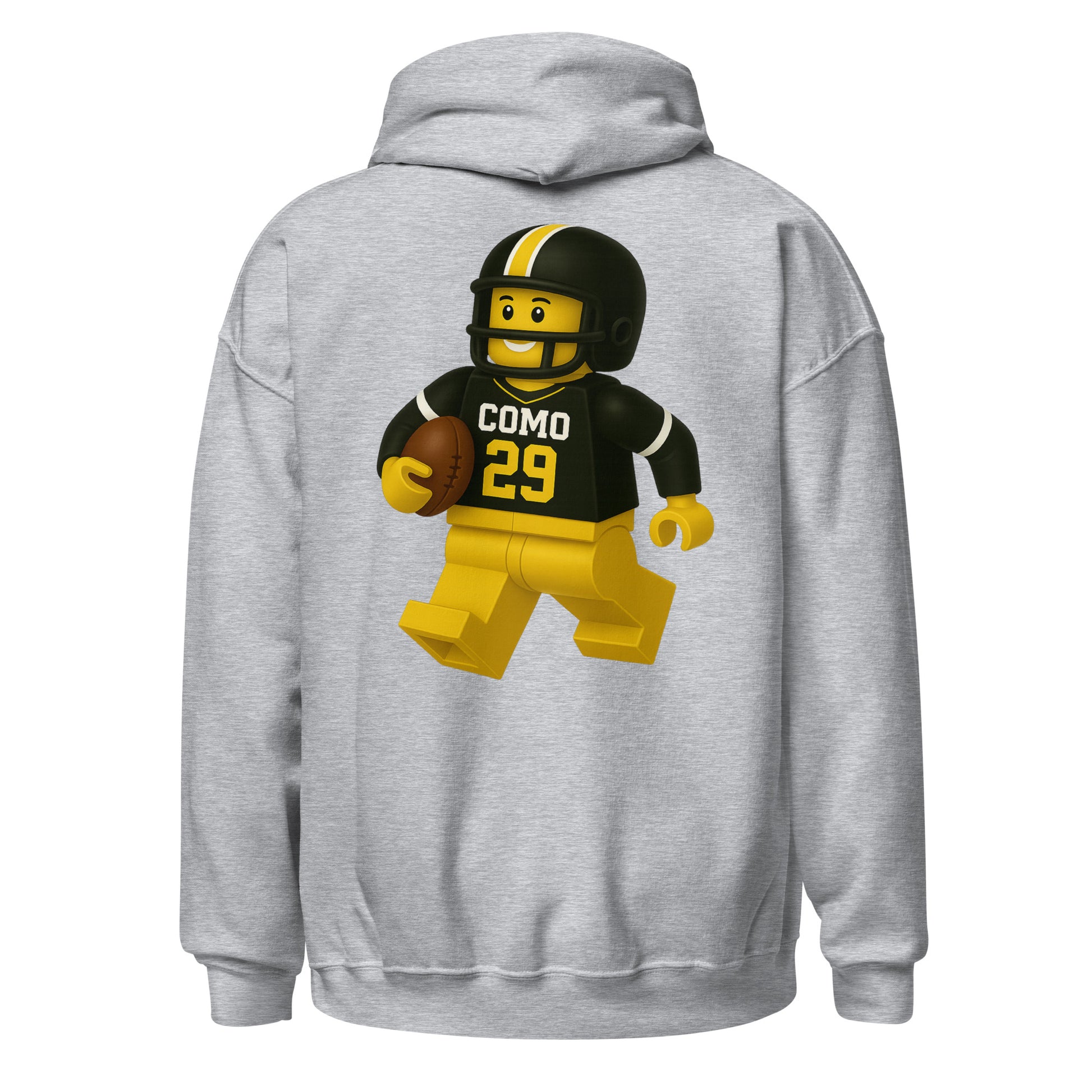 Back view of sport grey HAGS COMO block football figure hoodie, showing black and gold block-style football figure.