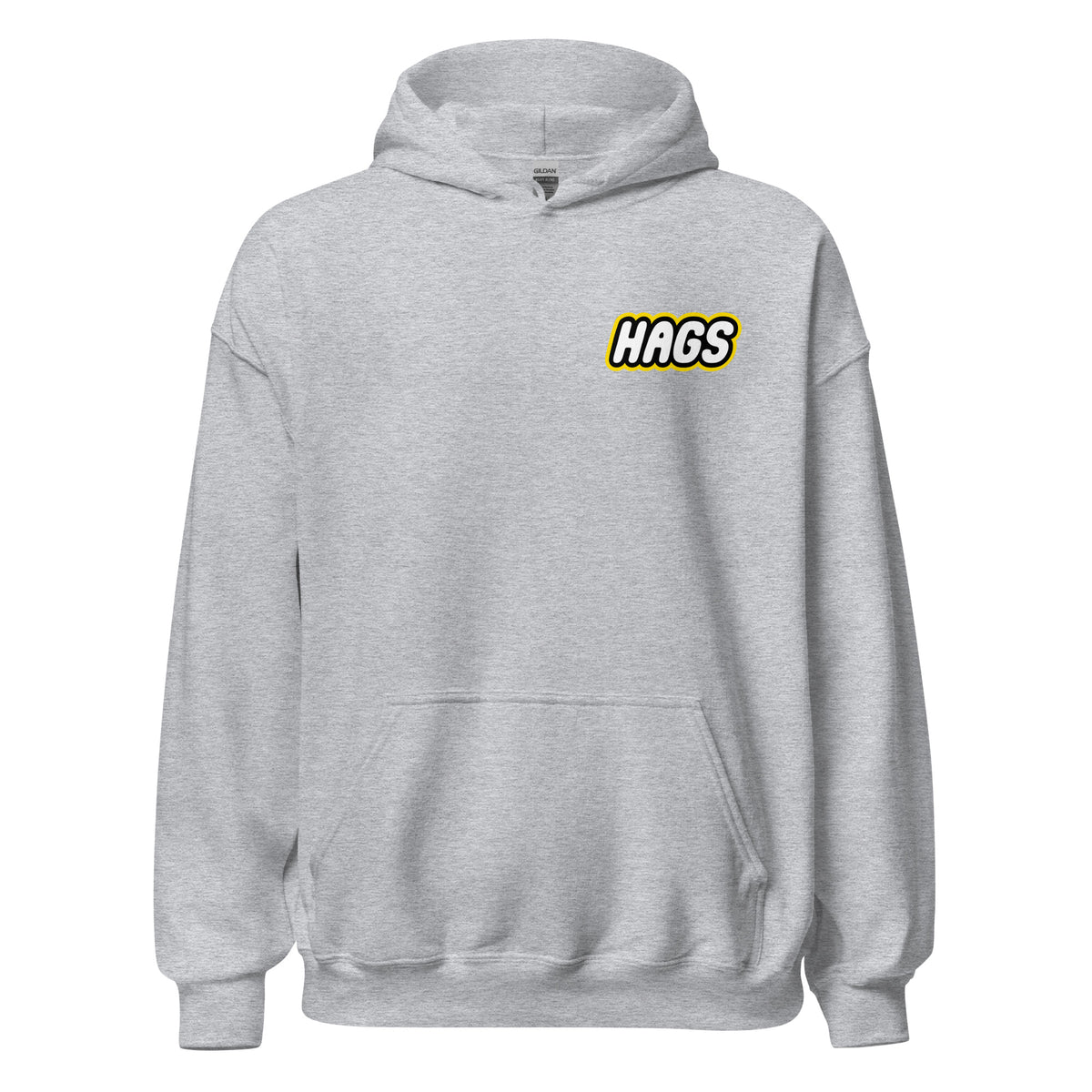Front view of sport grey HAGS COMO block football figure hoodie, showing small HAGS chest logo.