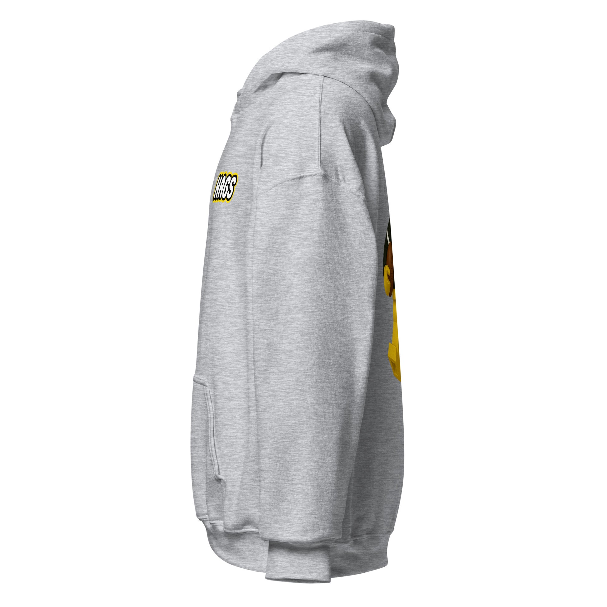 Left-side view of sport grey HAGS COMO block football figure hoodie.