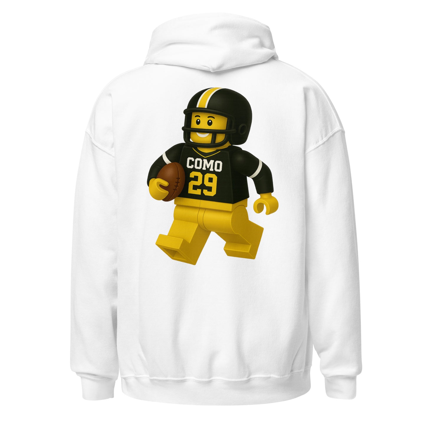 Back view of white HAGS COMO block football figure hoodie, showing black and gold block-style football figure.