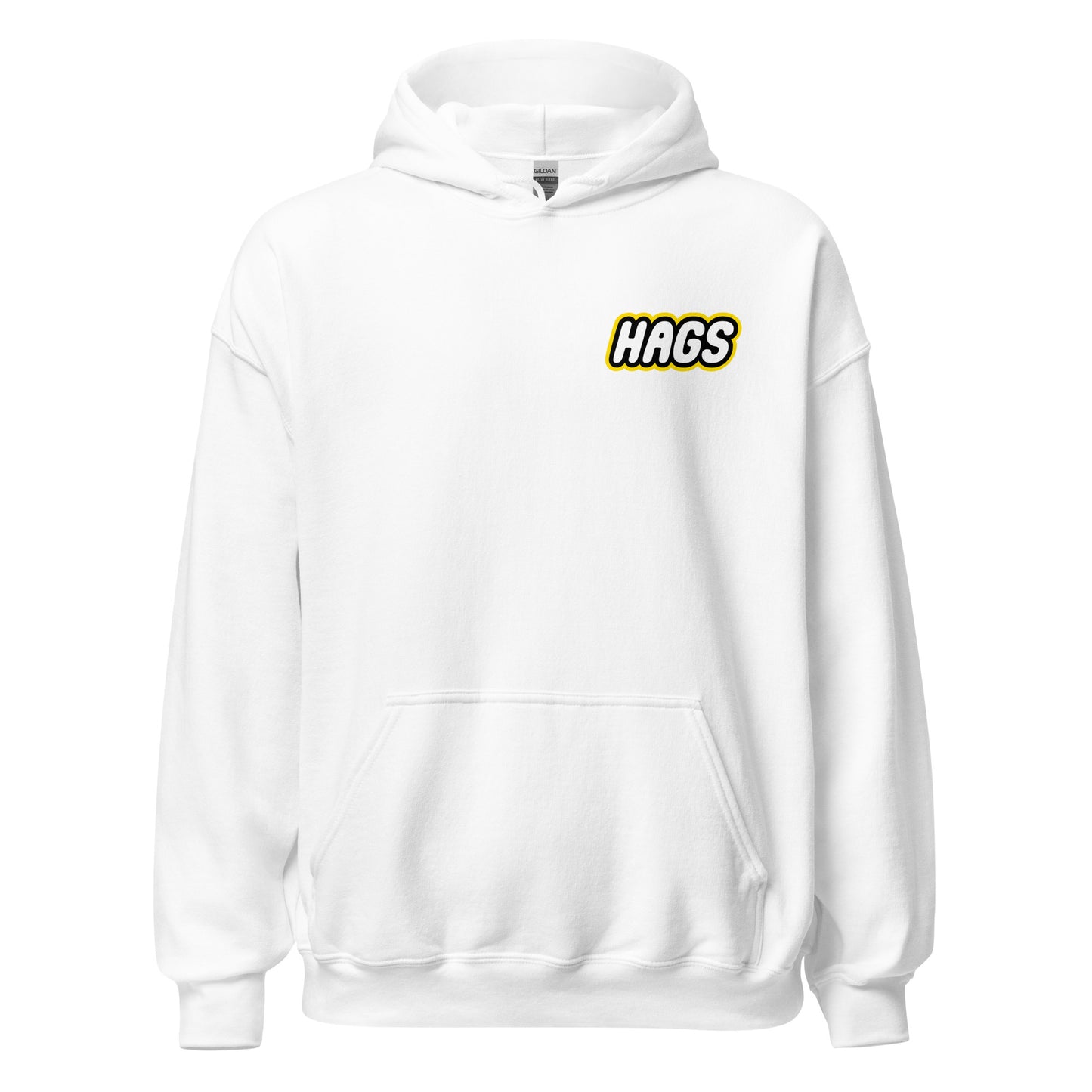 Front view of white HAGS COMO block football figure hoodie, showing small HAGS chest logo.