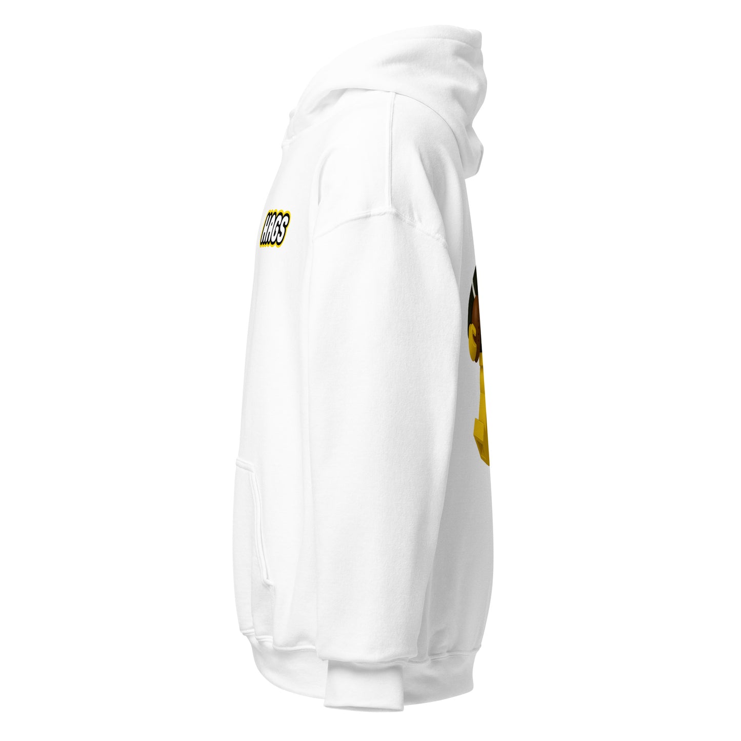 Left-side view of white HAGS COMO block football figure hoodie.