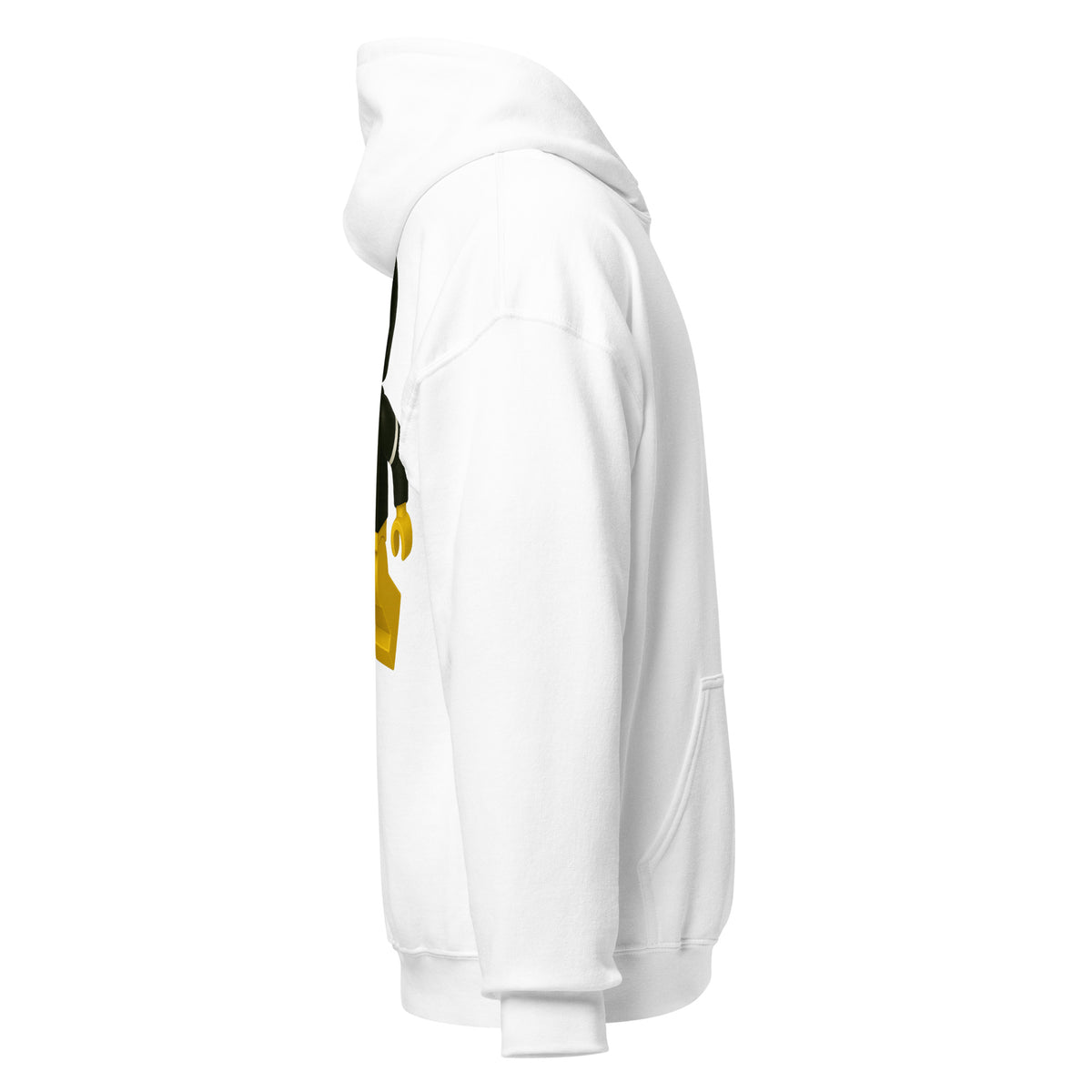 Right-side view of white HAGS COMO block football figure hoodie.
