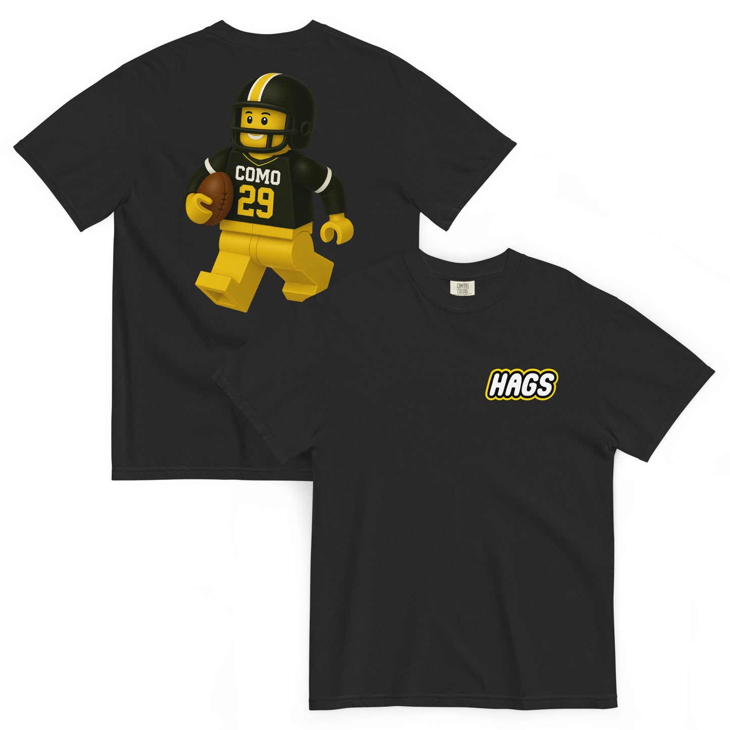 Front and back views of black HAGS COMO block football figure T-shirt, showing small HAGS chest logo and black and gold block-style football figure.