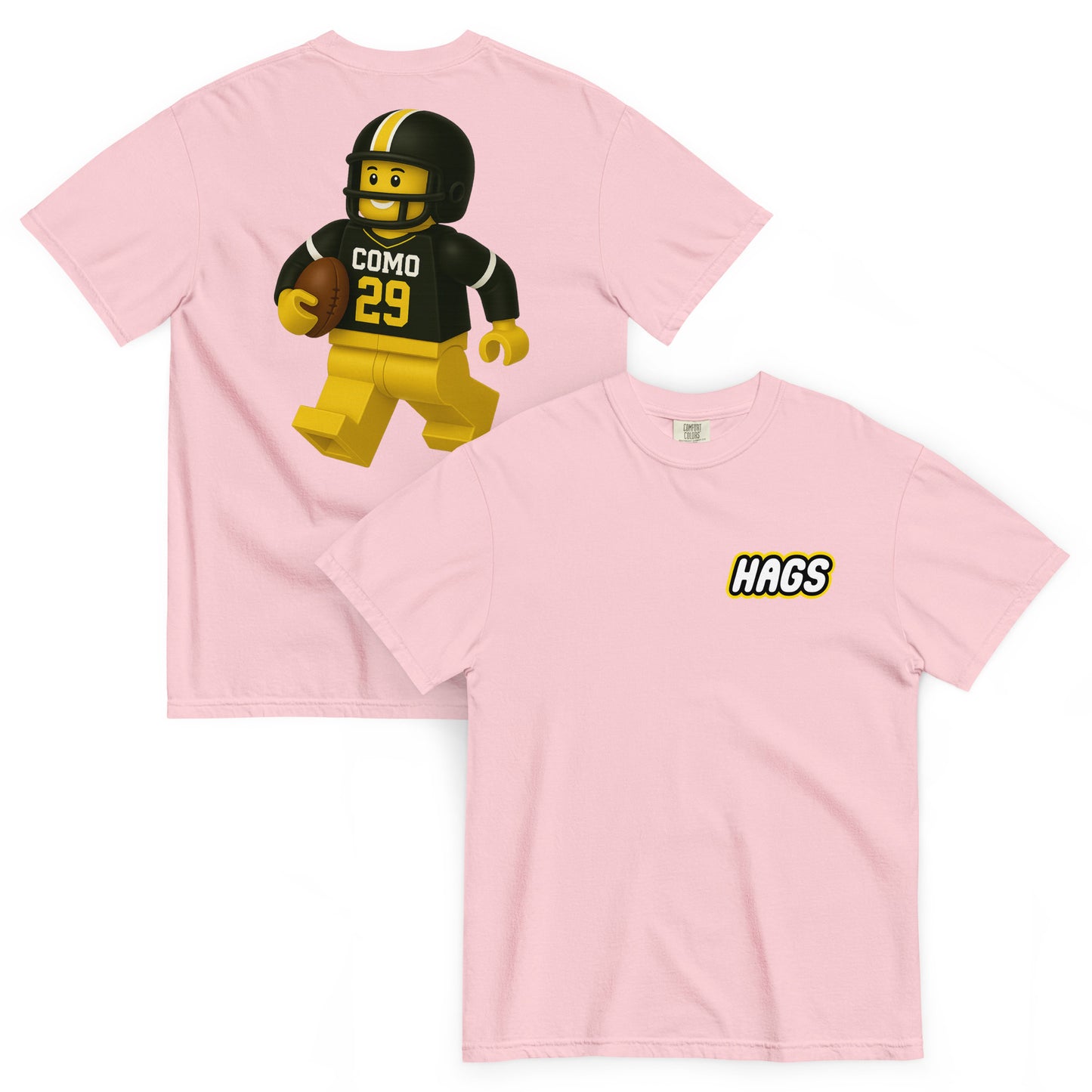 Front and back views of blossom HAGS COMO block football figure T-shirt, showing small HAGS chest logo and black and gold block-style football figure.