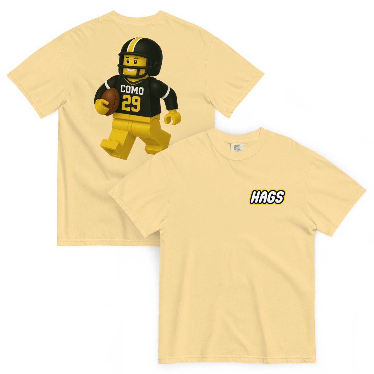 Front and back views of butter HAGS COMO block football figure T-shirt, showing small HAGS chest logo and black and gold block-style football figure.