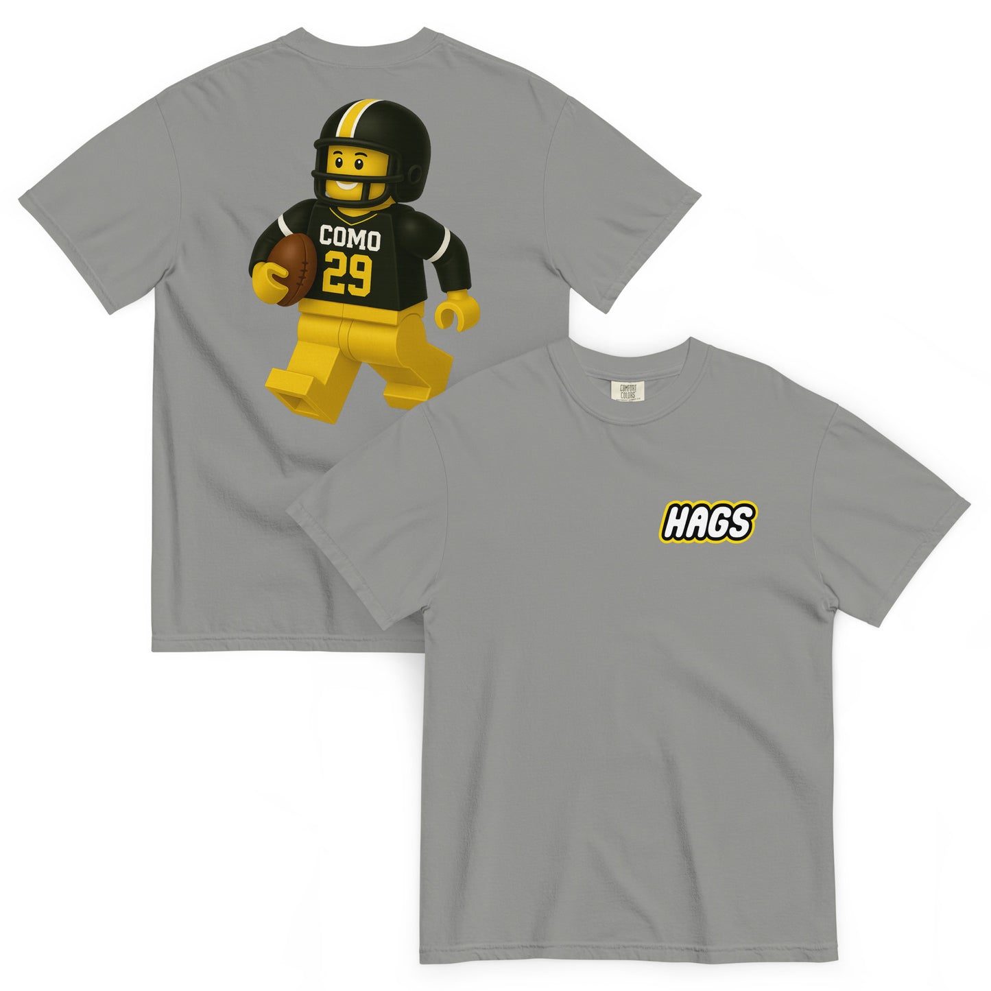 Front and back views of grey HAGS COMO block football figure T-shirt, showing small HAGS chest logo and black and gold block-style football figure.