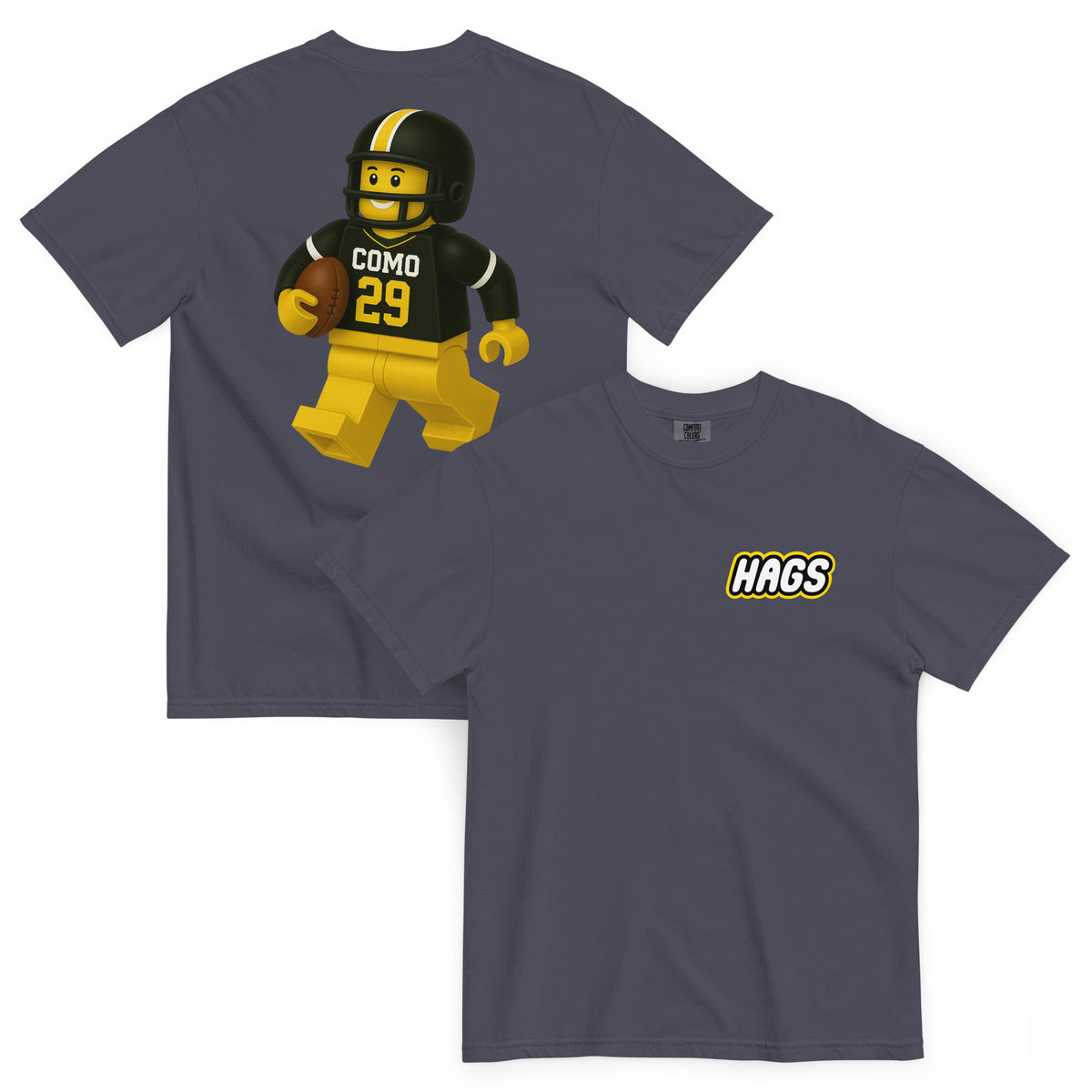 Front and back views of navy HAGS COMO block football figure T-shirt, showing small HAGS chest logo and black and gold block-style football figure.