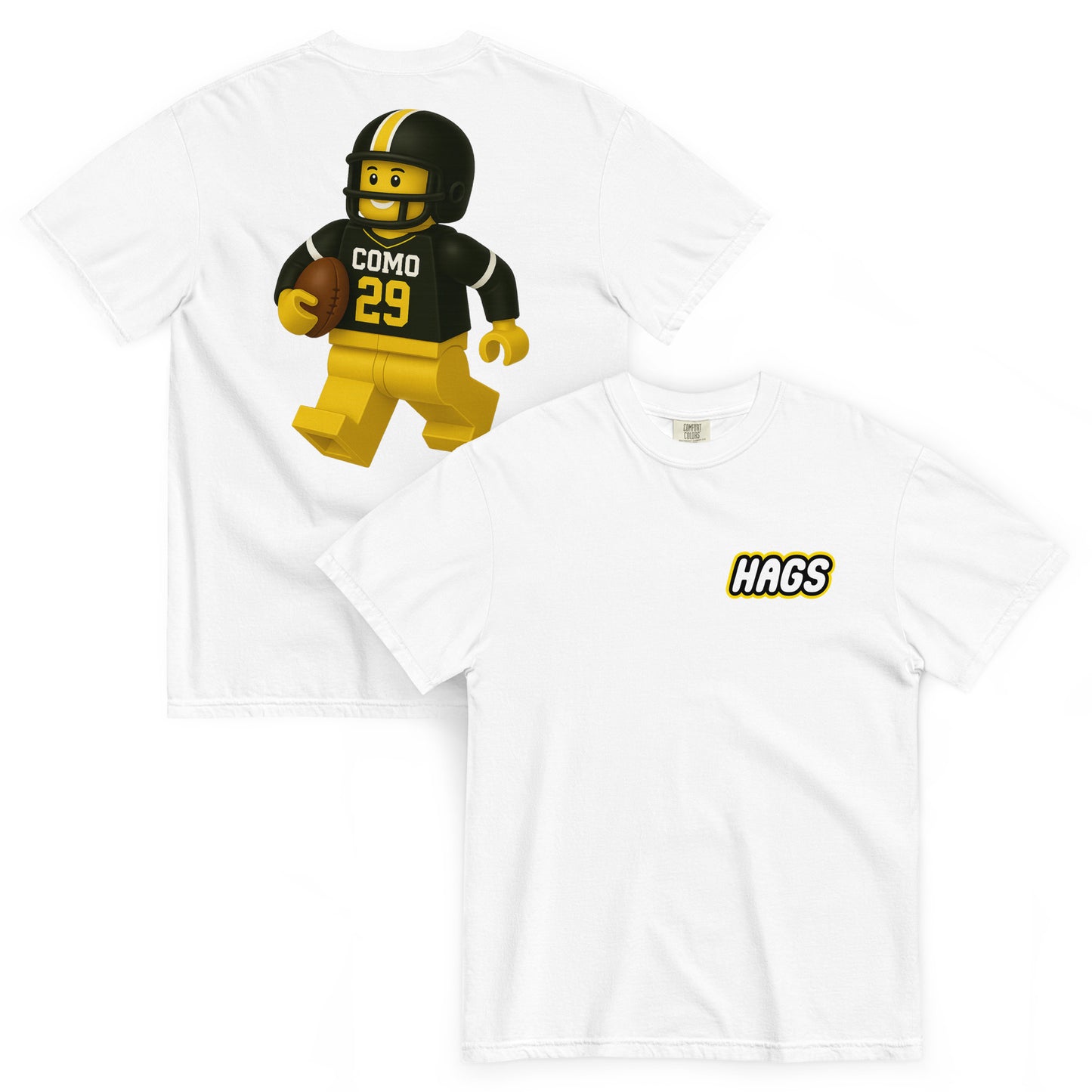 Front and back views of white HAGS COMO block football figure T-shirt, showing small HAGS chest logo and black and gold block-style football figure.