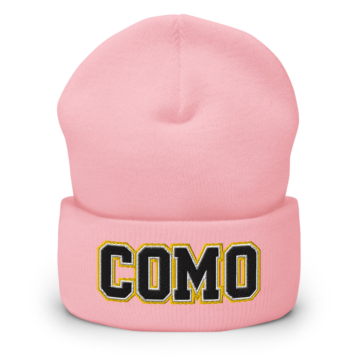 Front view of baby pink HAGS COMO cuffed beanie, showing black and gold COMO lettering on the cuff.