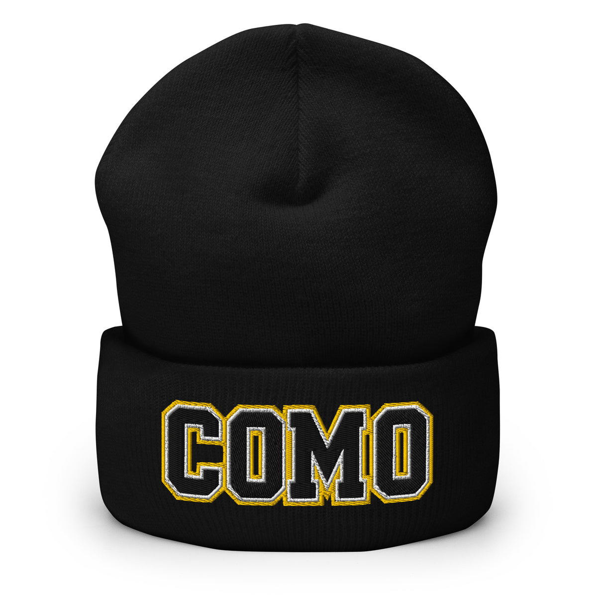 Front view of black HAGS COMO cuffed beanie, showing black and gold COMO lettering on the cuff.