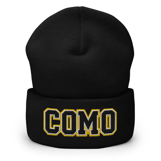 Front view of black HAGS COMO cuffed beanie, showing black and gold COMO lettering on the cuff.