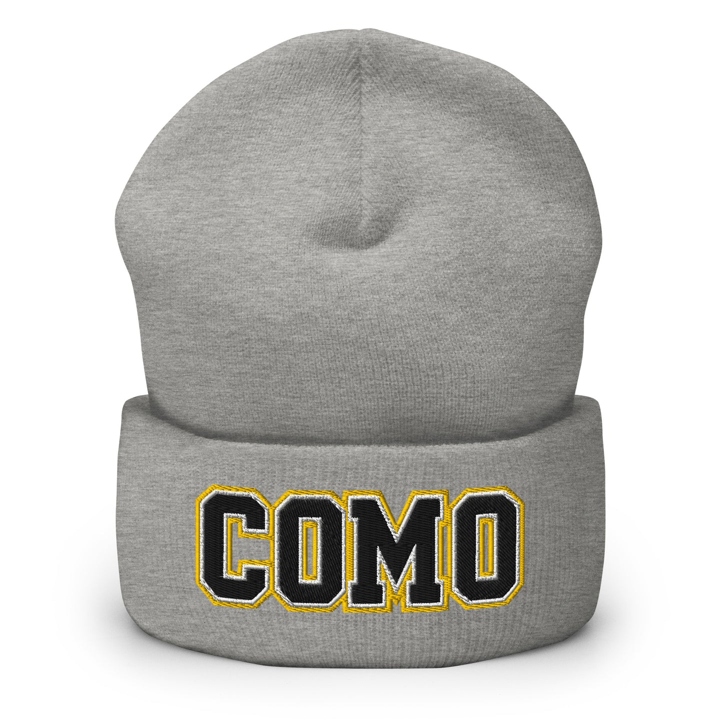 Front view of heather grey HAGS COMO cuffed beanie, showing black and gold COMO lettering on the cuff.