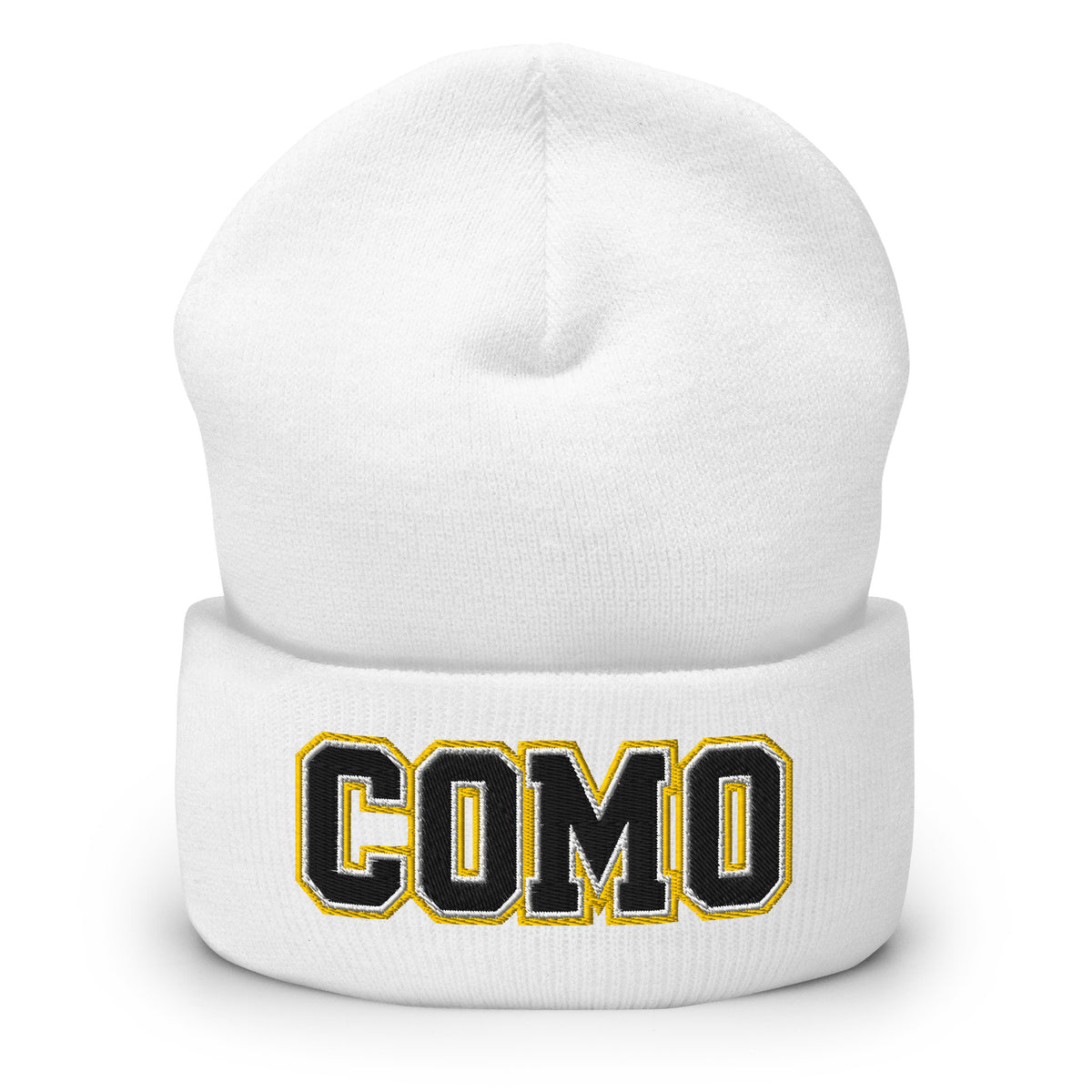 Front view of white HAGS COMO cuffed beanie, showing black and gold COMO lettering on the cuff.
