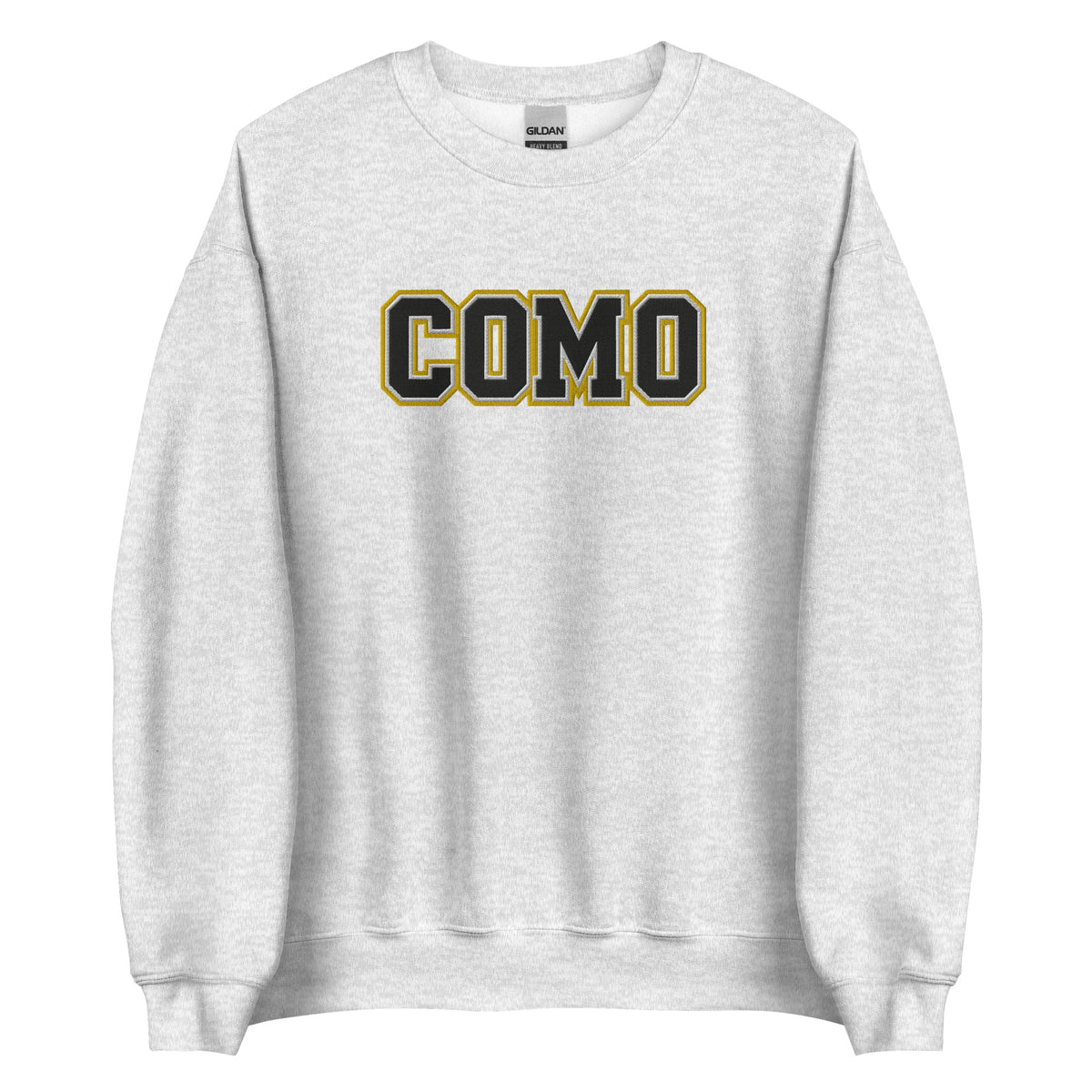 Front view of ash HAGS COMO embroidered crewneck sweatshirt, showing black and gold COMO lettering.