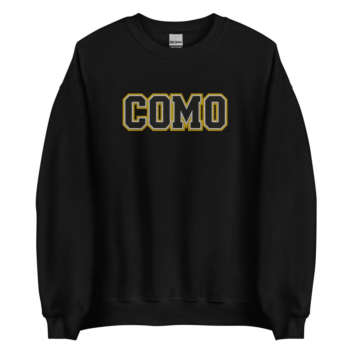 Front view of black HAGS COMO embroidered crewneck sweatshirt, showing black and gold COMO lettering.