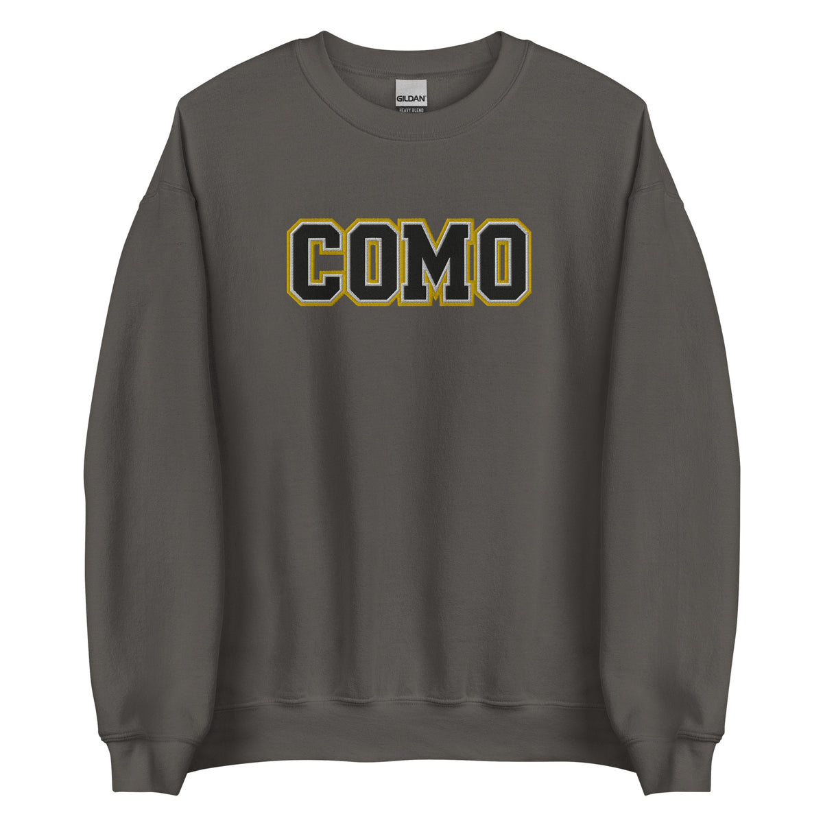 Front view of charcoal HAGS COMO embroidered crewneck sweatshirt, showing black and gold COMO lettering.