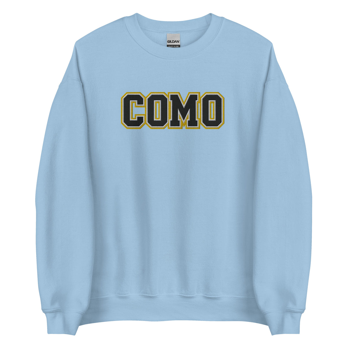 Front view of light blue HAGS COMO embroidered crewneck sweatshirt, showing black and gold COMO lettering.