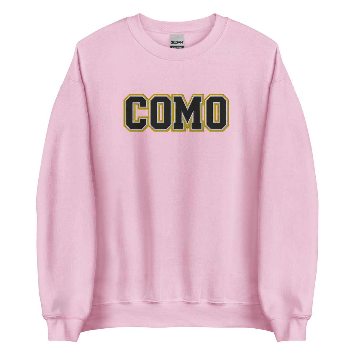 Front view of light pink HAGS COMO embroidered crewneck sweatshirt, showing black and gold COMO lettering.