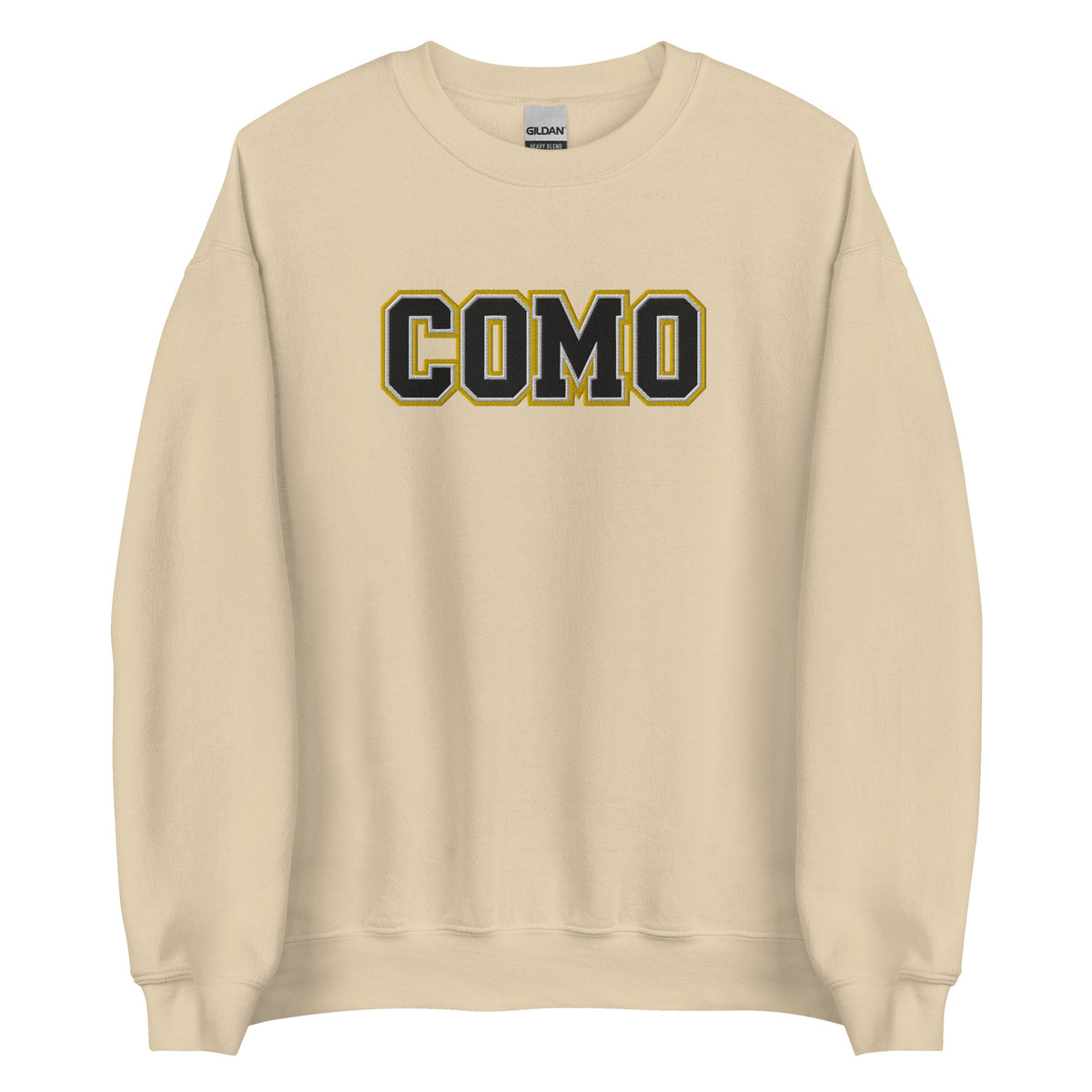 Front view of sand HAGS COMO embroidered crewneck sweatshirt, showing black and gold COMO lettering.