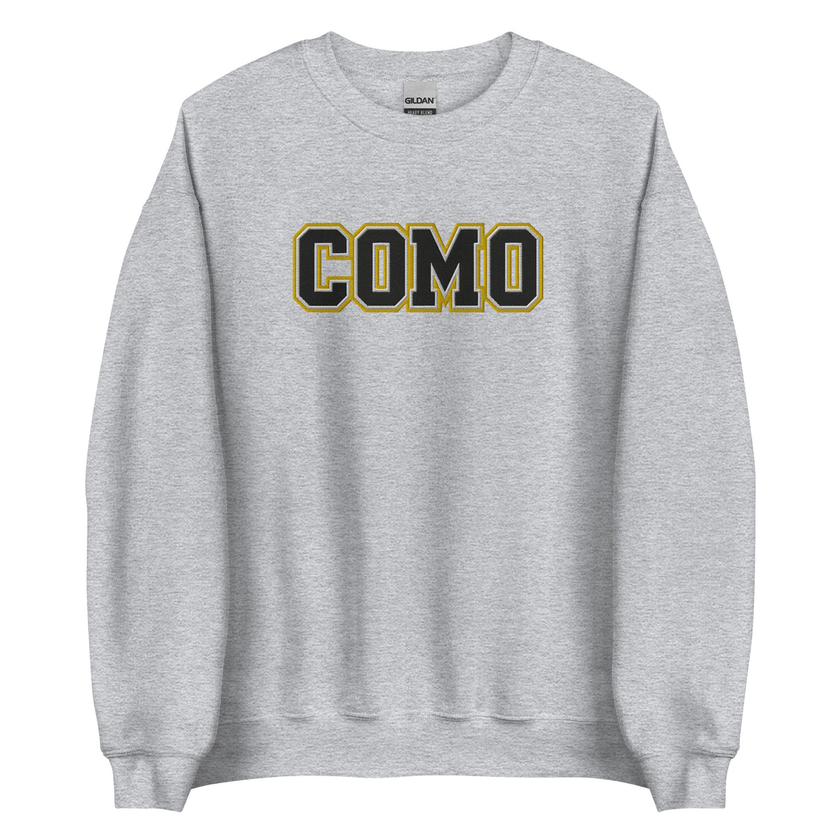 Front view of sport grey HAGS COMO embroidered crewneck sweatshirt, showing black and gold COMO lettering.