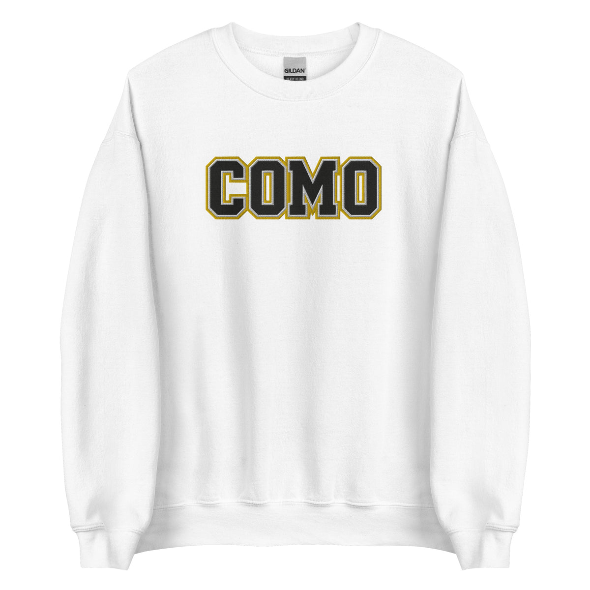 Front view of white HAGS COMO embroidered crewneck sweatshirt, showing black and gold COMO lettering.