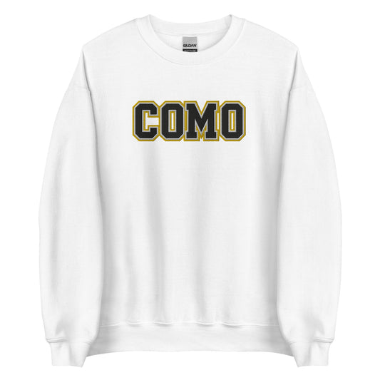 Front view of white HAGS COMO embroidered crewneck sweatshirt, showing black and gold COMO lettering.