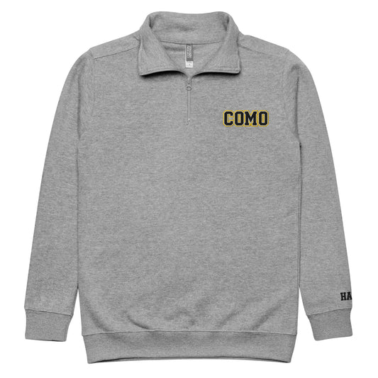 Front view of carbon grey HAGS COMO embroidered quarter-zip pullover, showing small COMO chest embroidery and zipper.