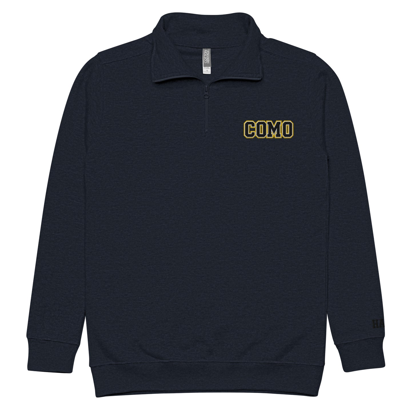 Front view of navy HAGS COMO embroidered quarter-zip pullover, showing small COMO chest embroidery and zipper.