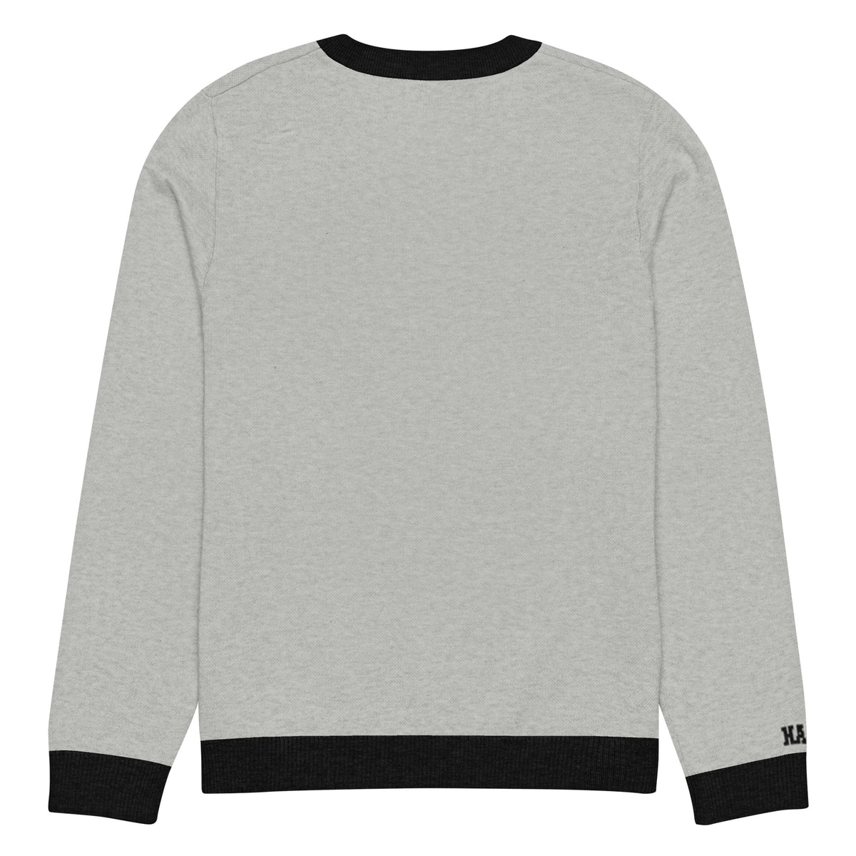 Back view of gray HAGS COMO knit crewneck sweater, showing plain gray knit and black trim.