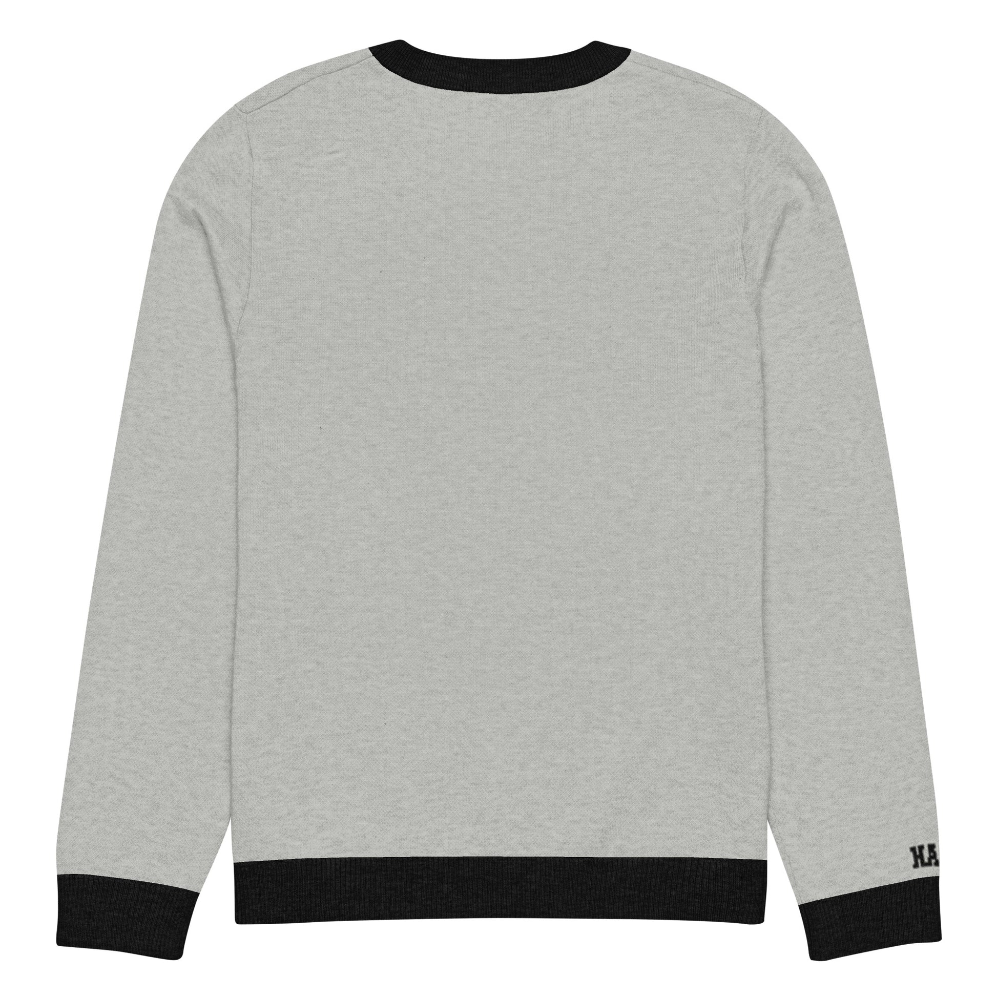 Back view of gray HAGS COMO knit crewneck sweater, showing plain gray knit and black trim.