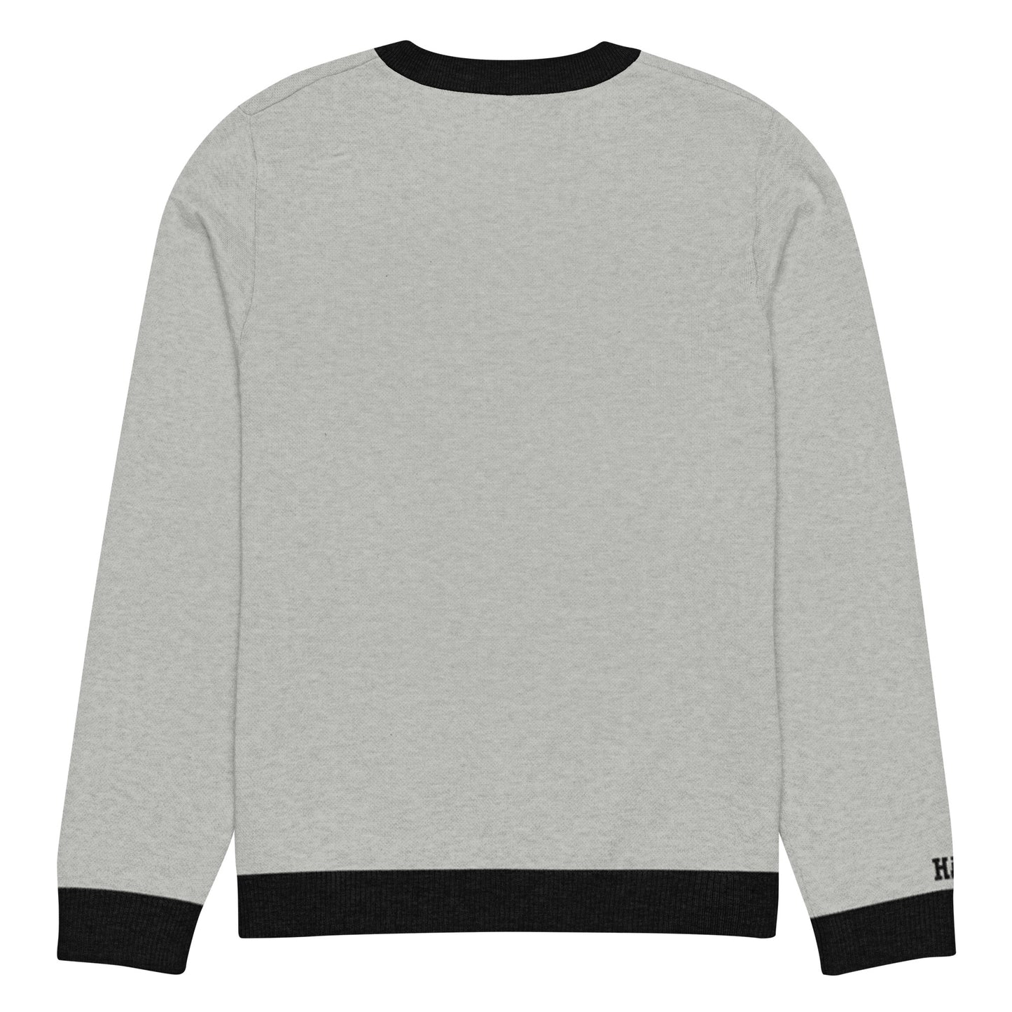 Back view of gray HAGS COMO knit crewneck sweater, showing plain gray knit and black trim.