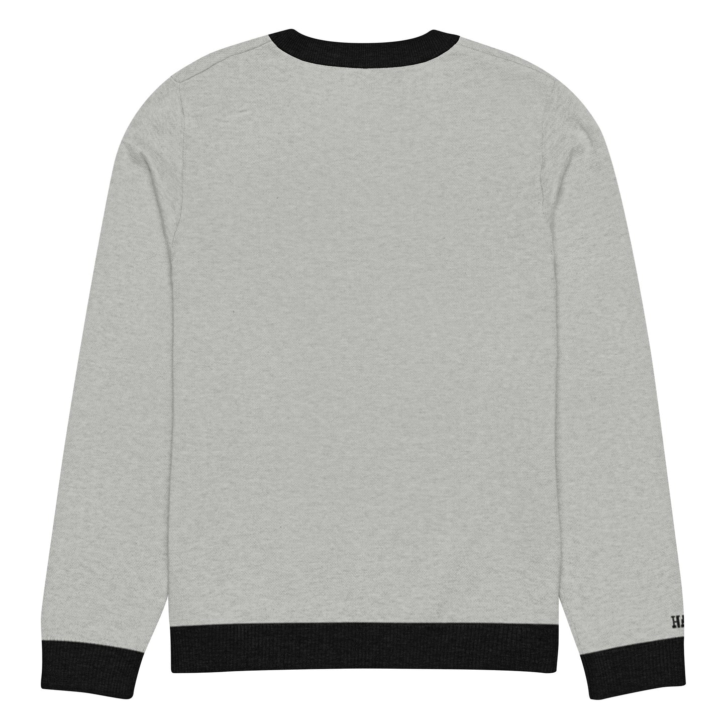 Back view of gray HAGS COMO knit crewneck sweater, showing plain gray knit and black trim.